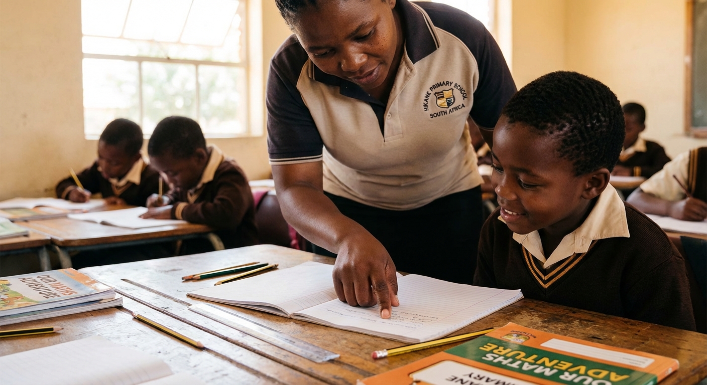 Educator helping learners with classwork at Hikane Primary School