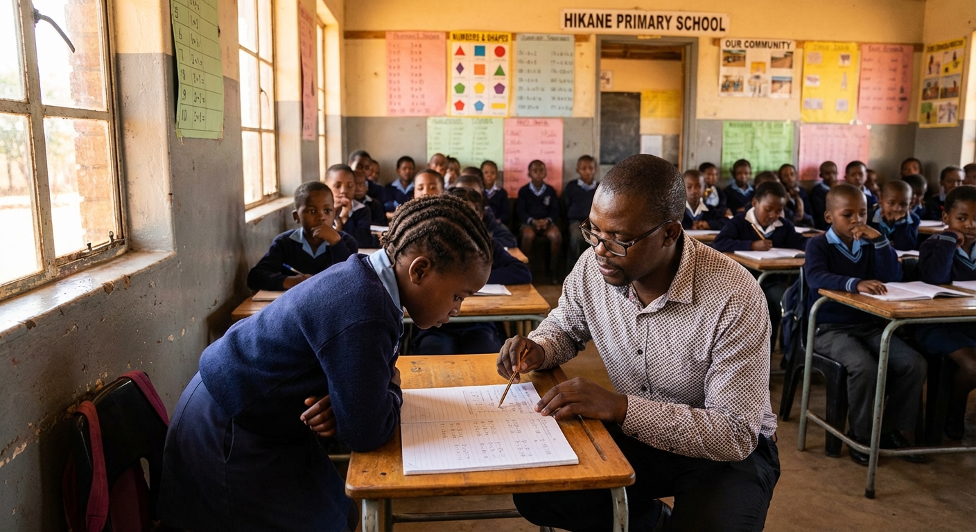 Educator providing individualised attention to a learner at Hikane Primary School