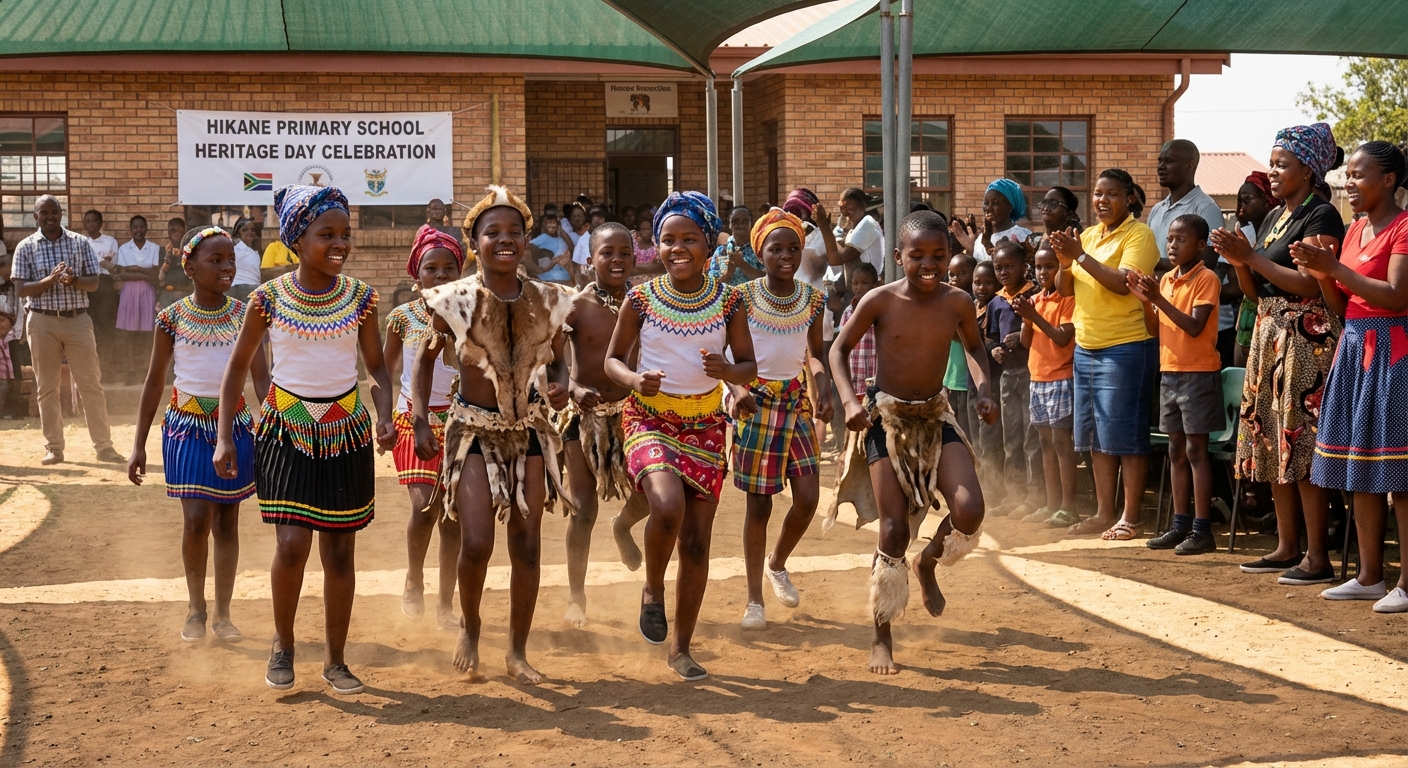 Learners performing traditional Setswana dance at Hikane Primary School cultural event