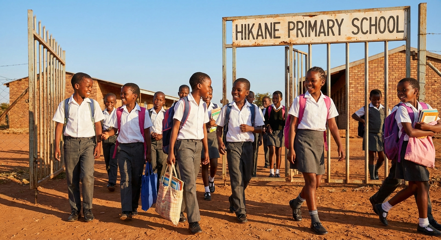 Happy learners at Hikane Primary School enjoying free education