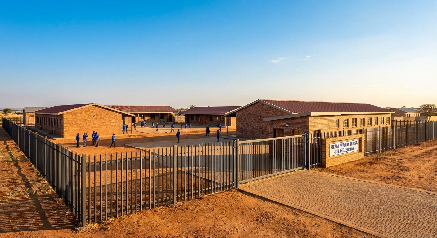 Safe, fenced campus of Hikane Primary School with learners playing in a secure environment