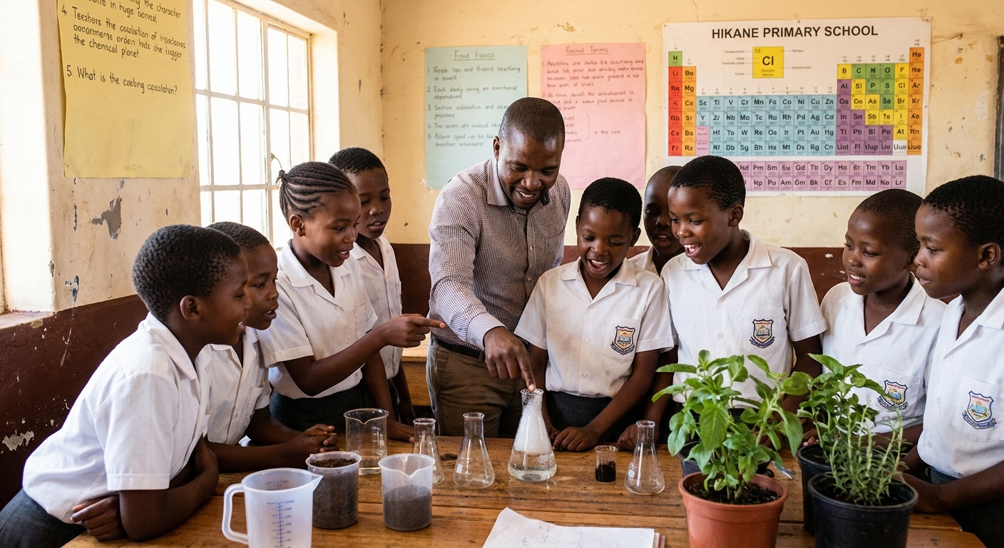 Intermediate Phase learners doing science experiment at Hikane Primary School