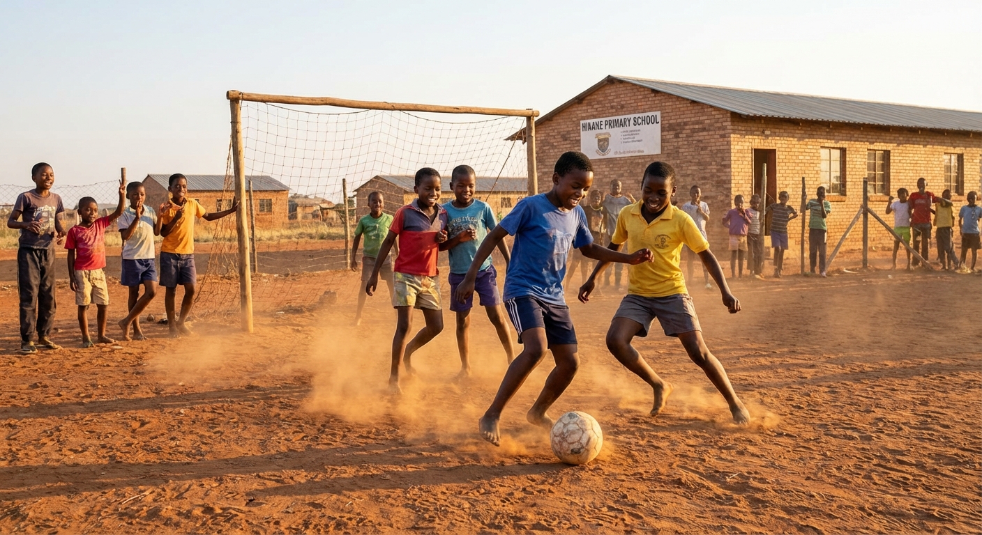 Boys playing soccer at Hikane Primary School